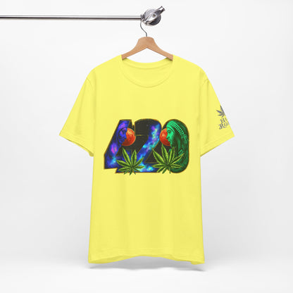 420 Cosmic Connection Premium Cannabis Culture T-Shirt - Bold Typography With Celestial Profiles And Luminous Cannabis Leaf Design