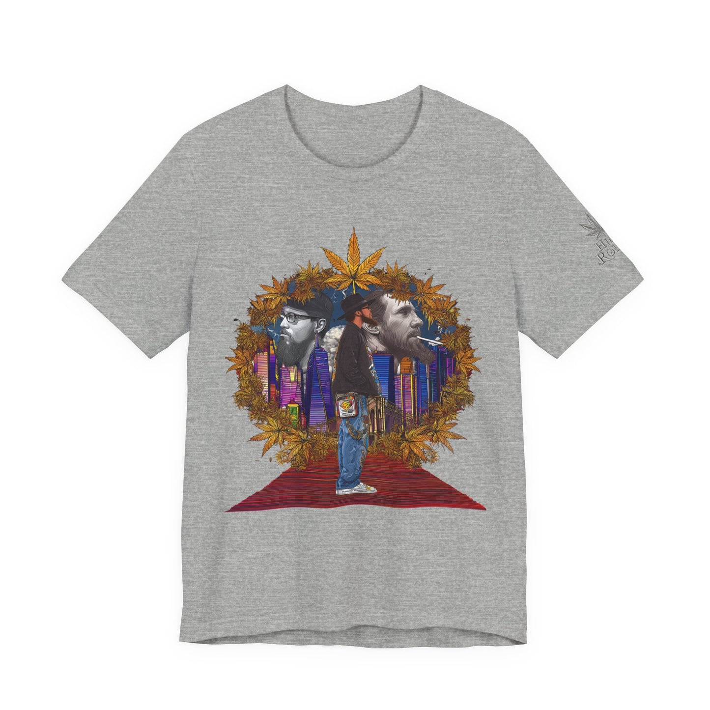 High Roller Red Carpet Cannabis T-Shirt - Premium 420 Hip-Hop Legacy Golden Frame Street Culture Artistic Portrait Apparel