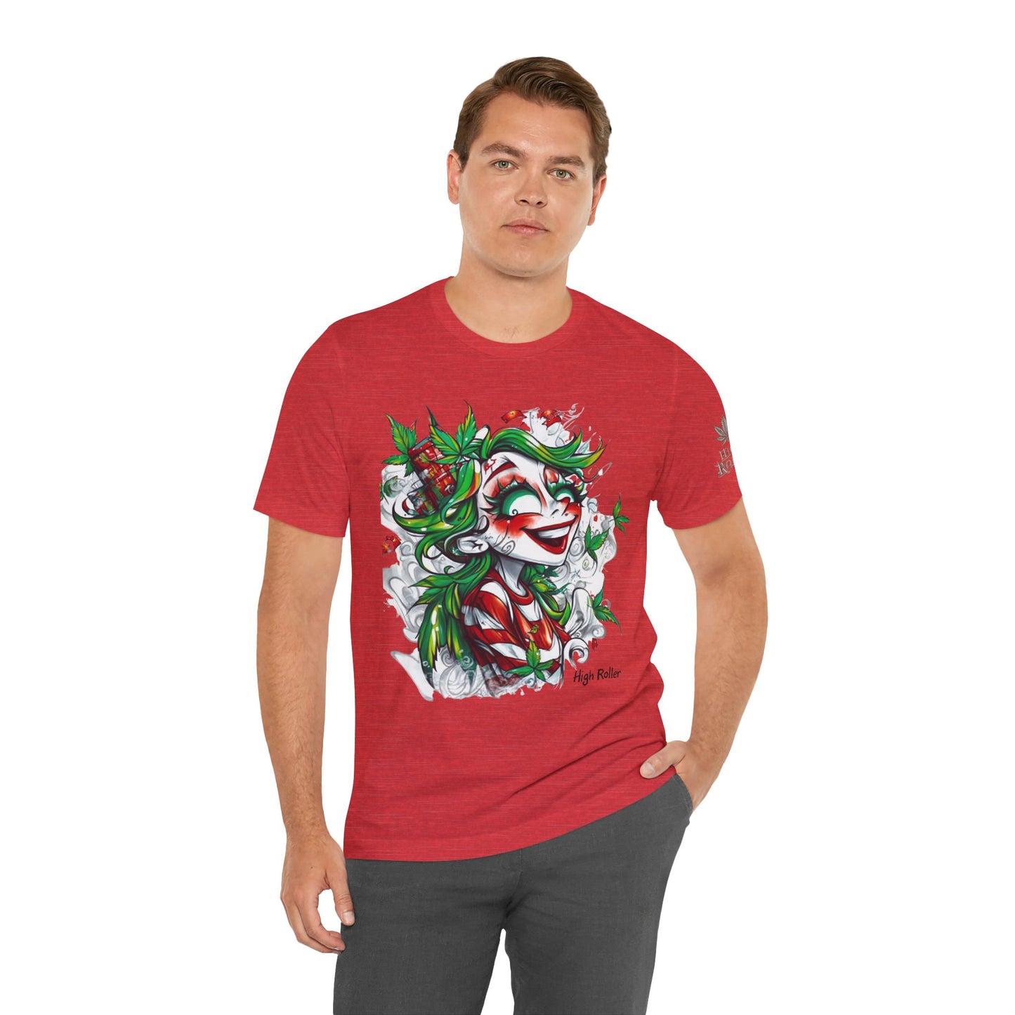 High Roller Jester Queen Cannabis T-Shirt - Premium 420 Harlequin Beauty Holiday Celebration Apparel