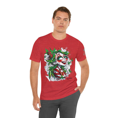 High Roller Jester Queen Cannabis T-Shirt - Premium 420 Harlequin Beauty Holiday Celebration Apparel