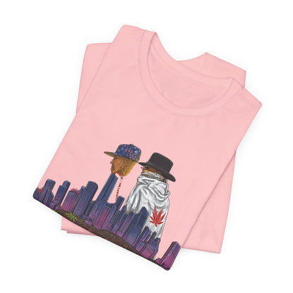 High Roller Urban Legends Cannabis T-Shirt - Premium 420 City Skyline Street Culture Double Exposure Apparel