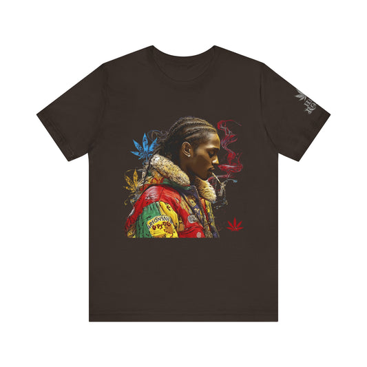 Street Fashion Icon Premium Cannabis Culture T-Shirt - Luxury Streetwear Profile With Colorful Vintage Jacket And Artistic Smoke Elements