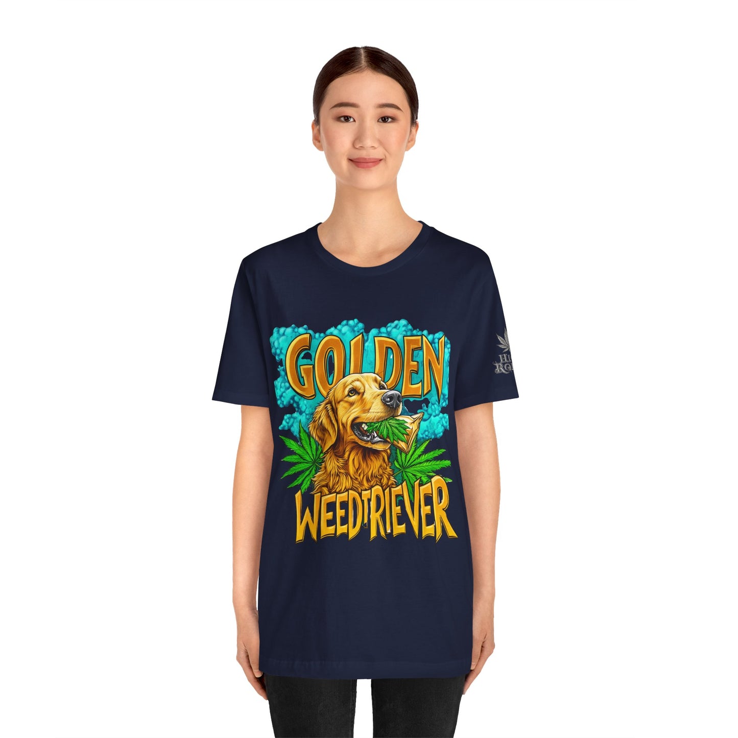 High Roller Golden Weedtriever Cannabis T-Shirt - Premium 420 Dog Lover Humor Golden Retriever Pun Comedy Pet Culture Apparel