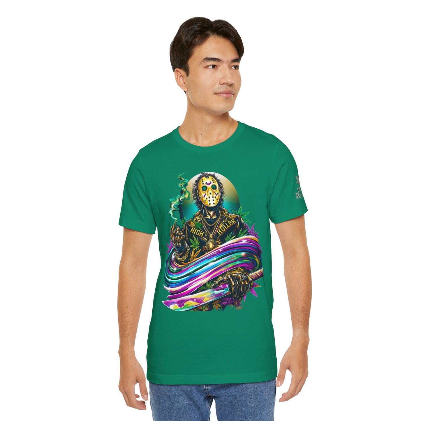 Psychedelic Jason Swoosh Cannabis T-Shirt - Premium Horror 420 Orange Edition Apparel