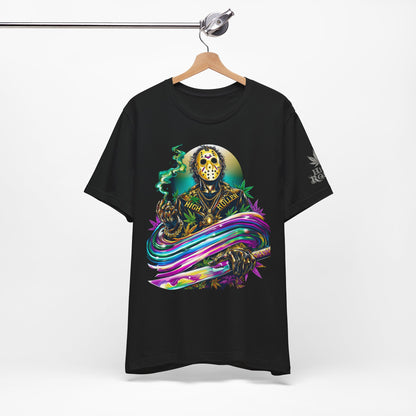 Psychedelic Jason Swoosh Cannabis T-Shirt - Premium Horror 420 Orange Edition Apparel