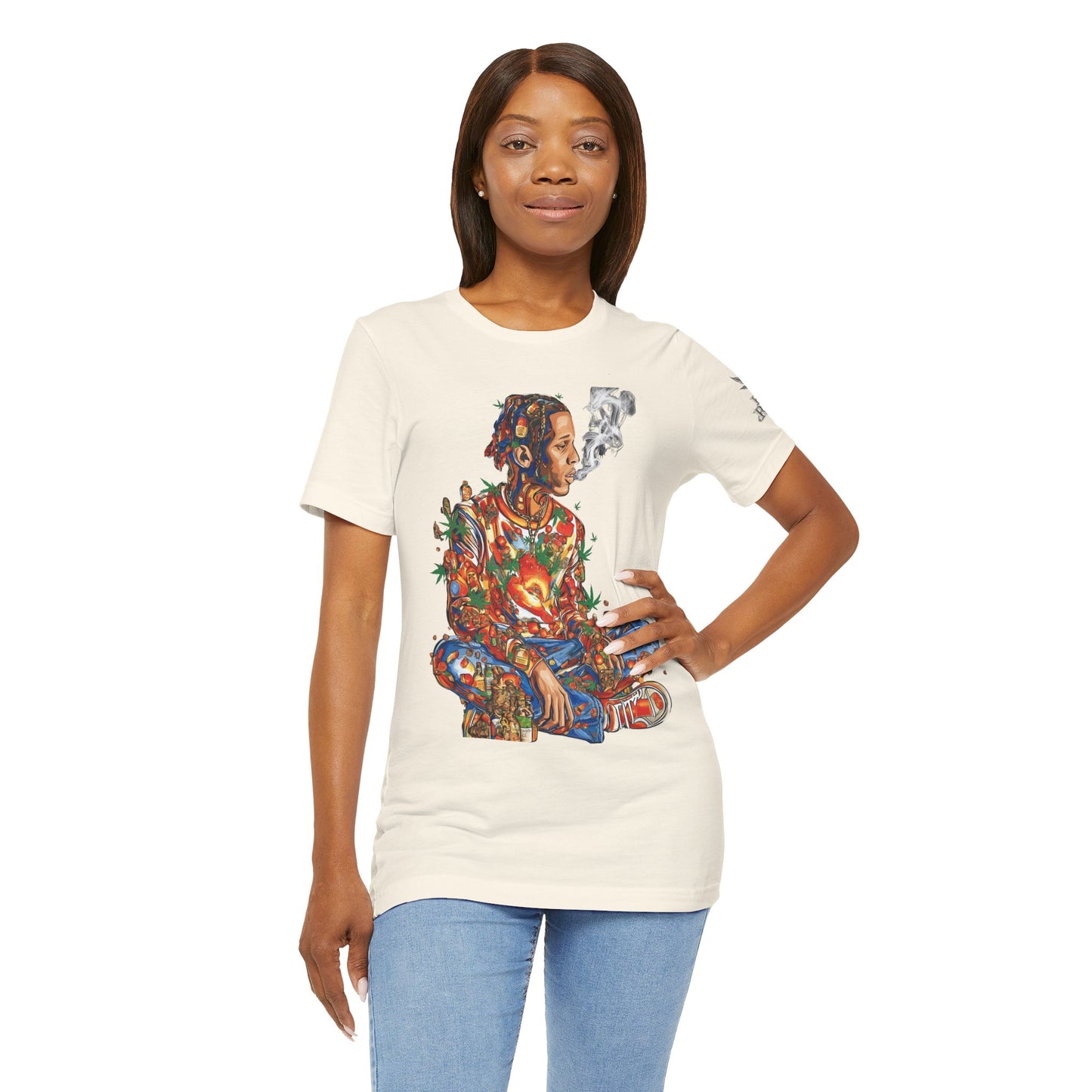 High Roller Meditation Mosaic Cannabis T-Shirt - Premium 420 Hip-Hop Zen Cross-Legged Street Culture Artistic Collage Apparel