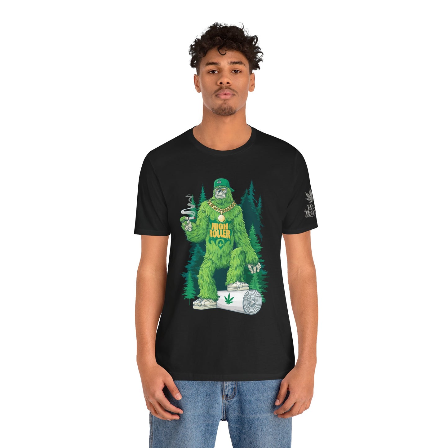 Bigfoot HIGH ROLLER Halloween Cannabis Forest T-Shirt - Premium Sasquatch Lifestyle Legend 420 Apparel