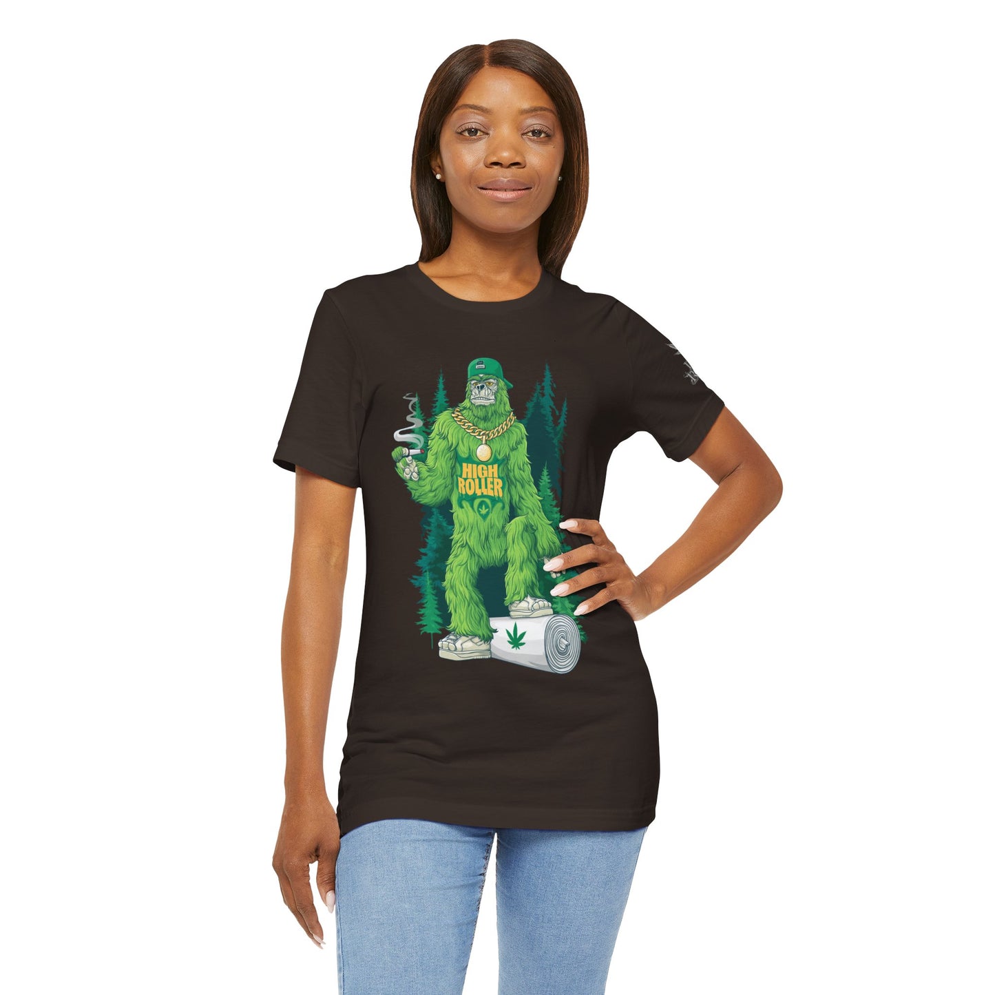 Bigfoot HIGH ROLLER Halloween Cannabis Forest T-Shirt - Premium Sasquatch Lifestyle Legend 420 Apparel