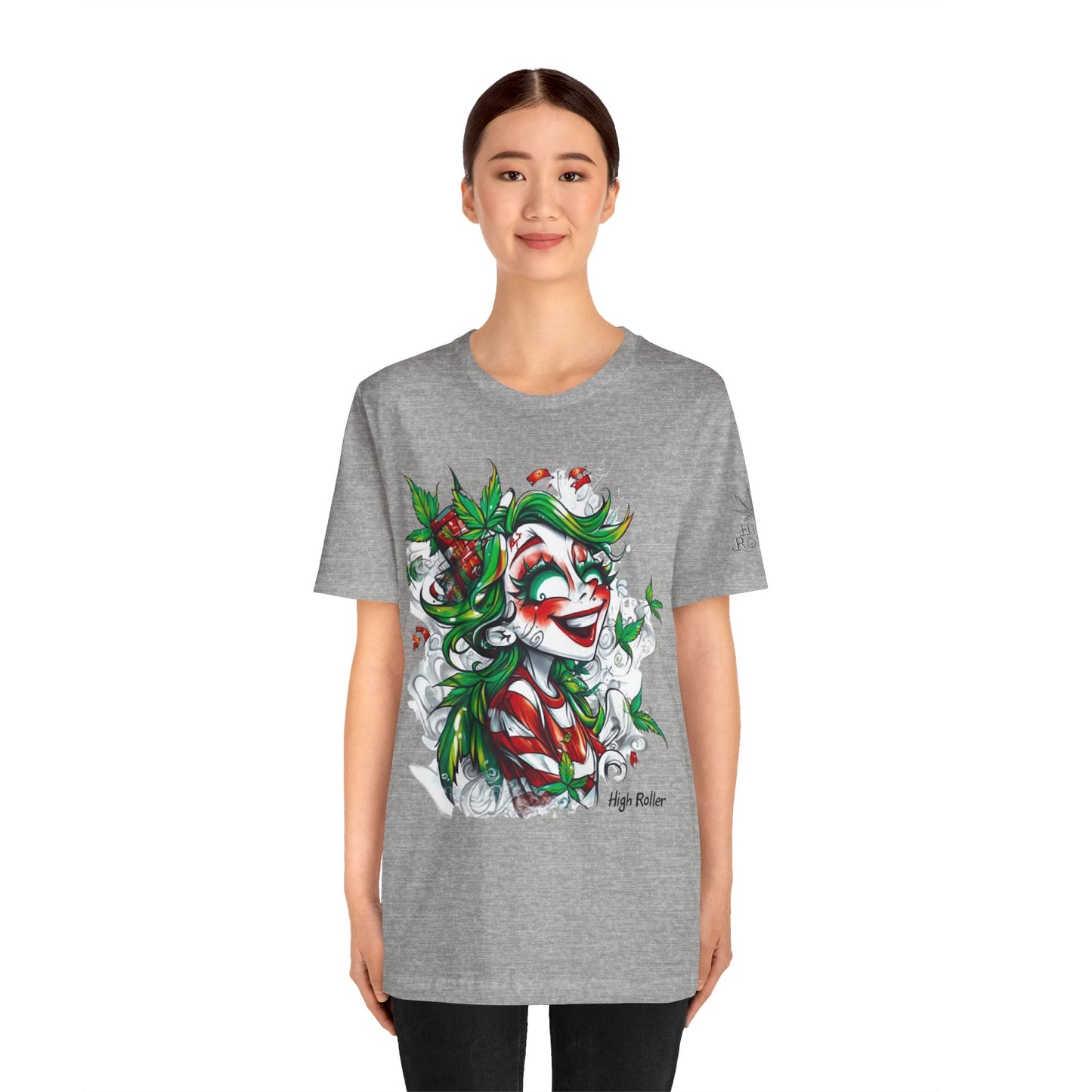 High Roller Jester Queen Cannabis T-Shirt - Premium 420 Harlequin Beauty Holiday Celebration Apparel