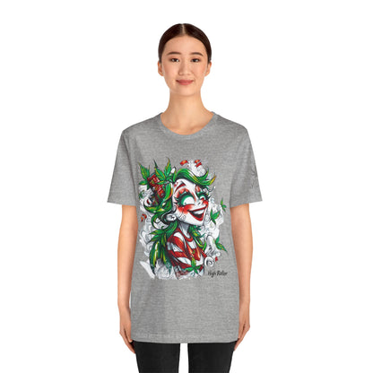 High Roller Jester Queen Cannabis T-Shirt - Premium 420 Harlequin Beauty Holiday Celebration Apparel