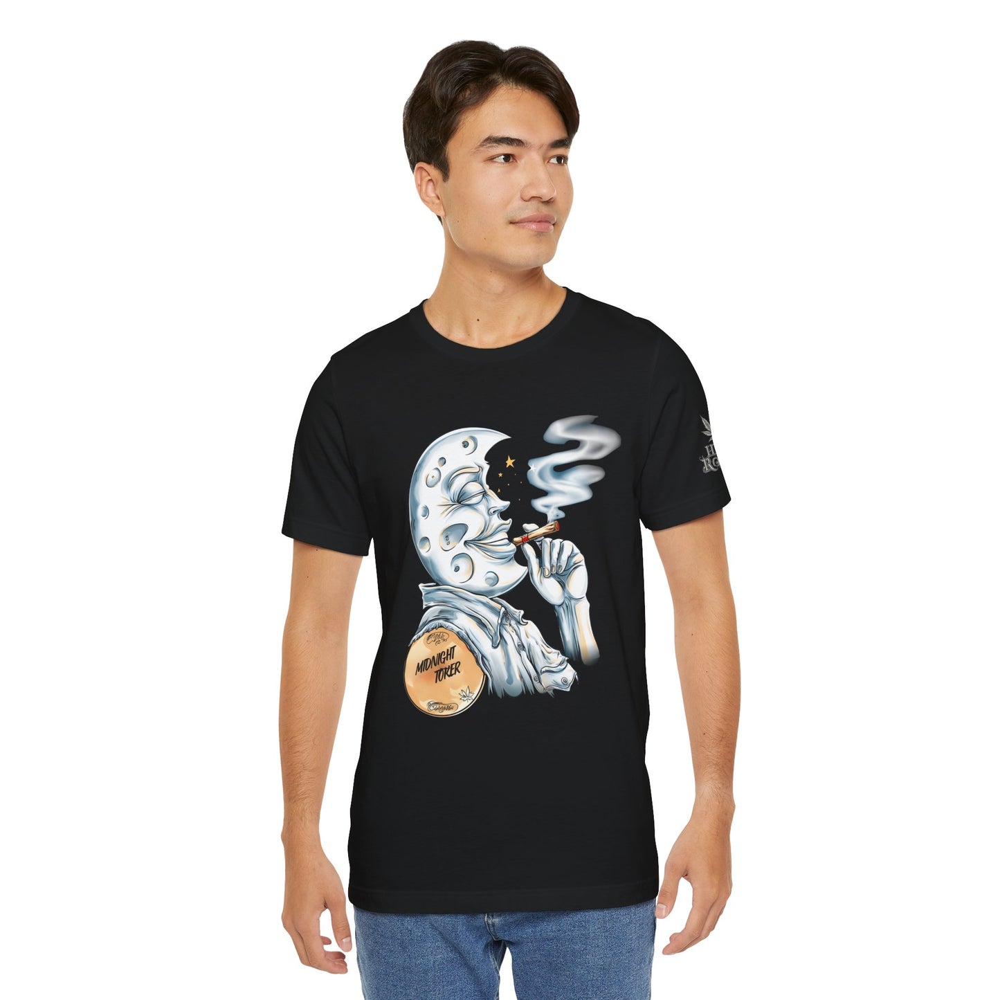 Midnight Toker Moon Tee - Celestial Cannabis Art Design | High Roller