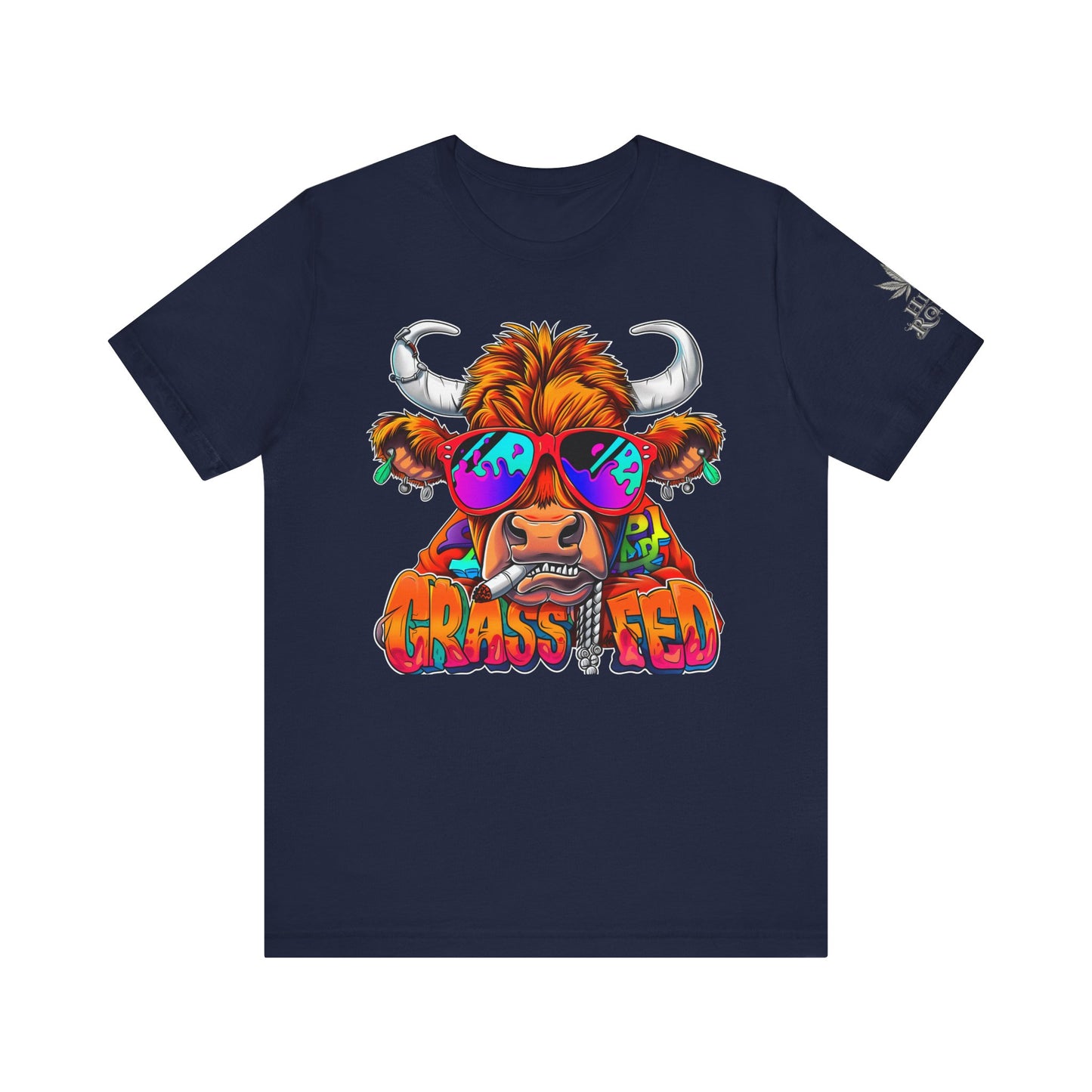 High Roller Grass Fed Cannabis T-Shirt - Premium 420 Highland Cow Humor Psychedelic Sunglasses Farm Culture Comedy Apparel