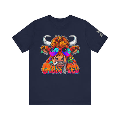 High Roller Grass Fed Cannabis T-Shirt - Premium 420 Highland Cow Humor Psychedelic Sunglasses Farm Culture Comedy Apparel