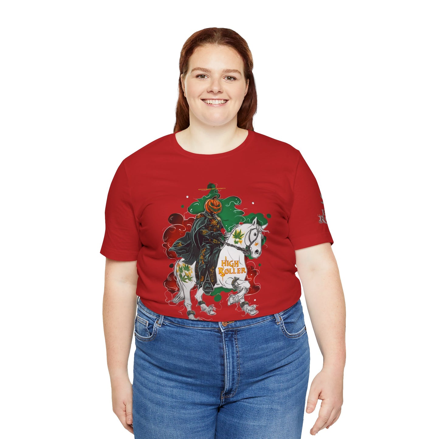 Headless Horseman HIGH ROLLER Halloween Cannabis T-Shirt - Premium Pumpkin Rider Skeletal Steed 420 Apparel