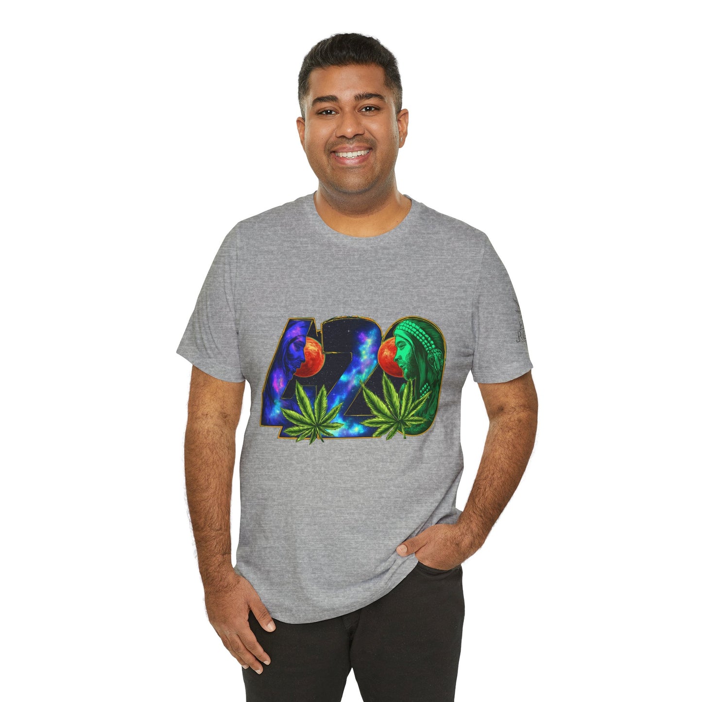 420 Cosmic Connection Premium Cannabis Culture T-Shirt - Bold Typography With Celestial Profiles And Luminous Cannabis Leaf Design