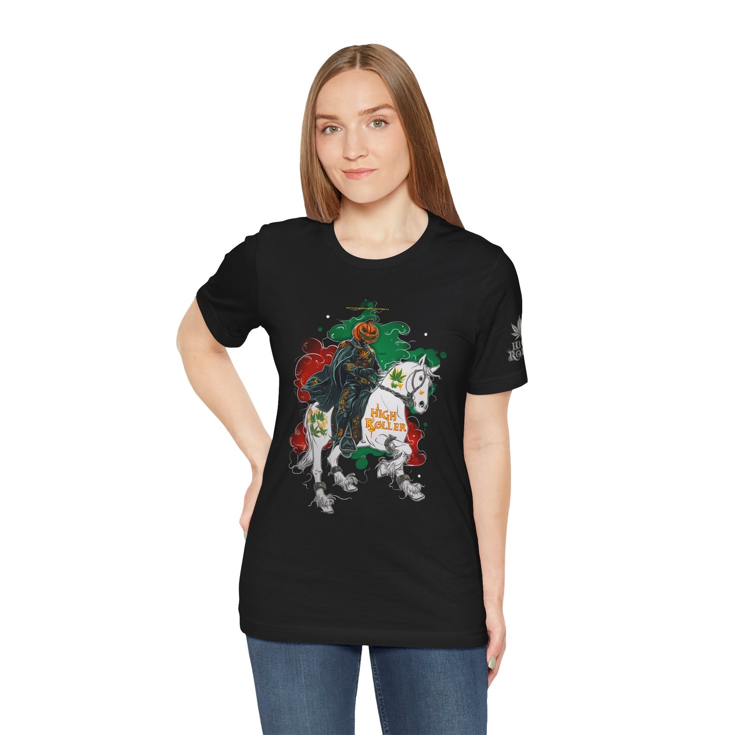 Headless Horseman HIGH ROLLER Halloween Cannabis T-Shirt - Premium Pumpkin Rider Skeletal Steed 420 Apparel