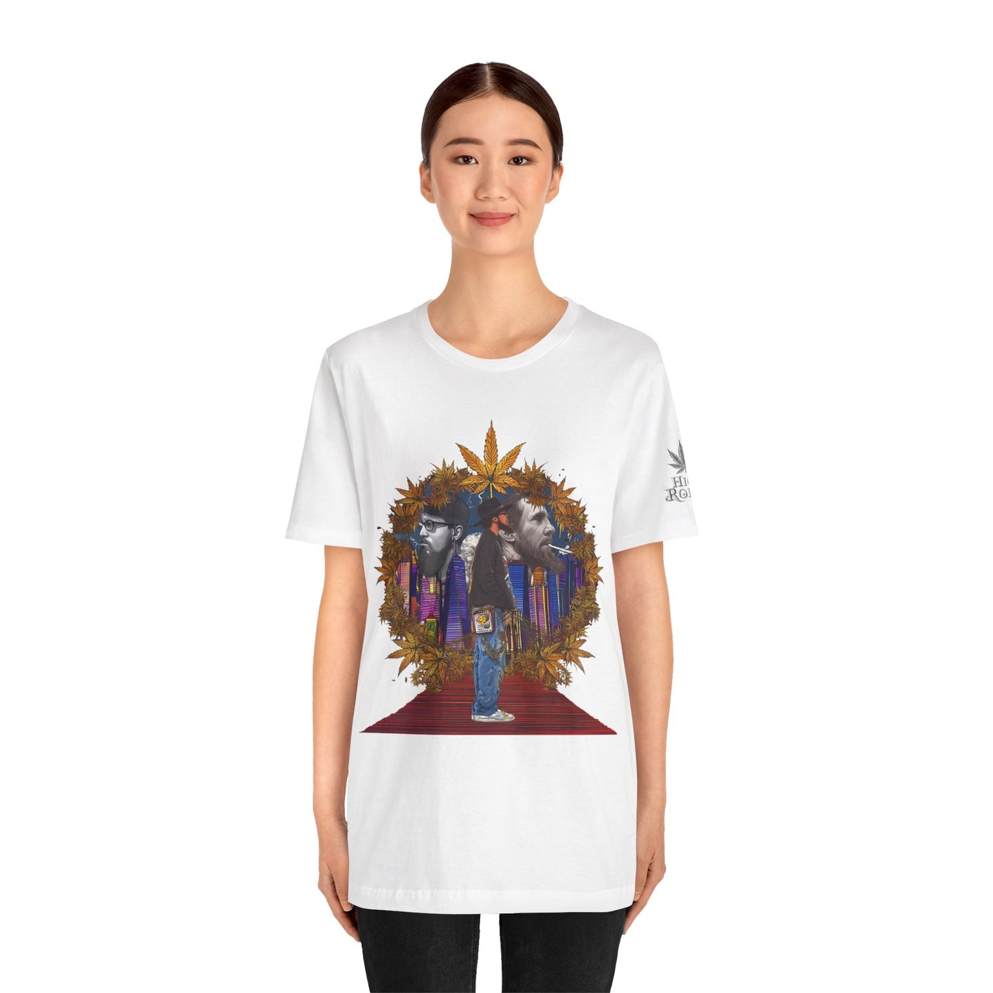 Red Carpet Royalty Premium Cannabis Culture T-Shirt - Hip-Hop Legends Tribute With Golden Cannabis Wreath And City Skyline