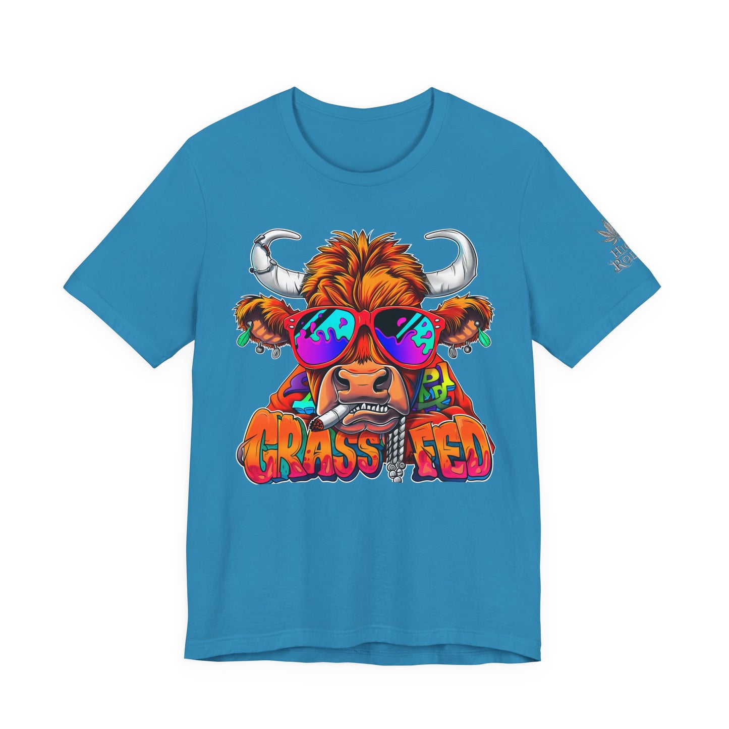High Roller Grass Fed Cannabis T-Shirt - Premium 420 Highland Cow Humor Psychedelic Sunglasses Farm Culture Comedy Apparel