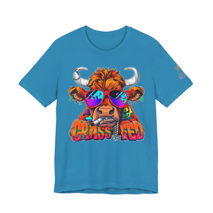High Roller Grass Fed Cannabis T-Shirt - Premium 420 Highland Cow Humor Psychedelic Sunglasses Farm Culture Comedy Apparel