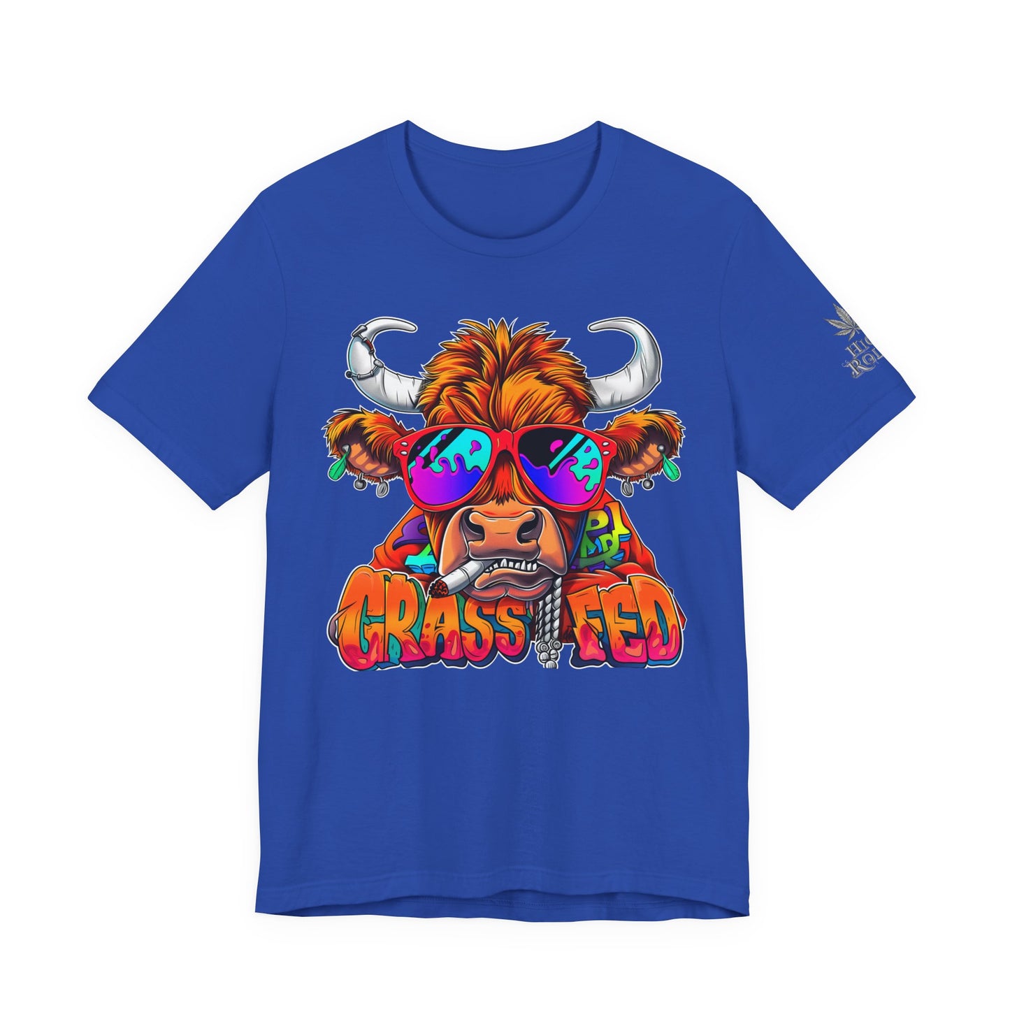 High Roller Grass Fed Cannabis T-Shirt - Premium 420 Highland Cow Humor Psychedelic Sunglasses Farm Culture Comedy Apparel