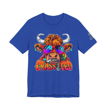 High Roller Grass Fed Cannabis T-Shirt - Premium 420 Highland Cow Humor Psychedelic Sunglasses Farm Culture Comedy Apparel