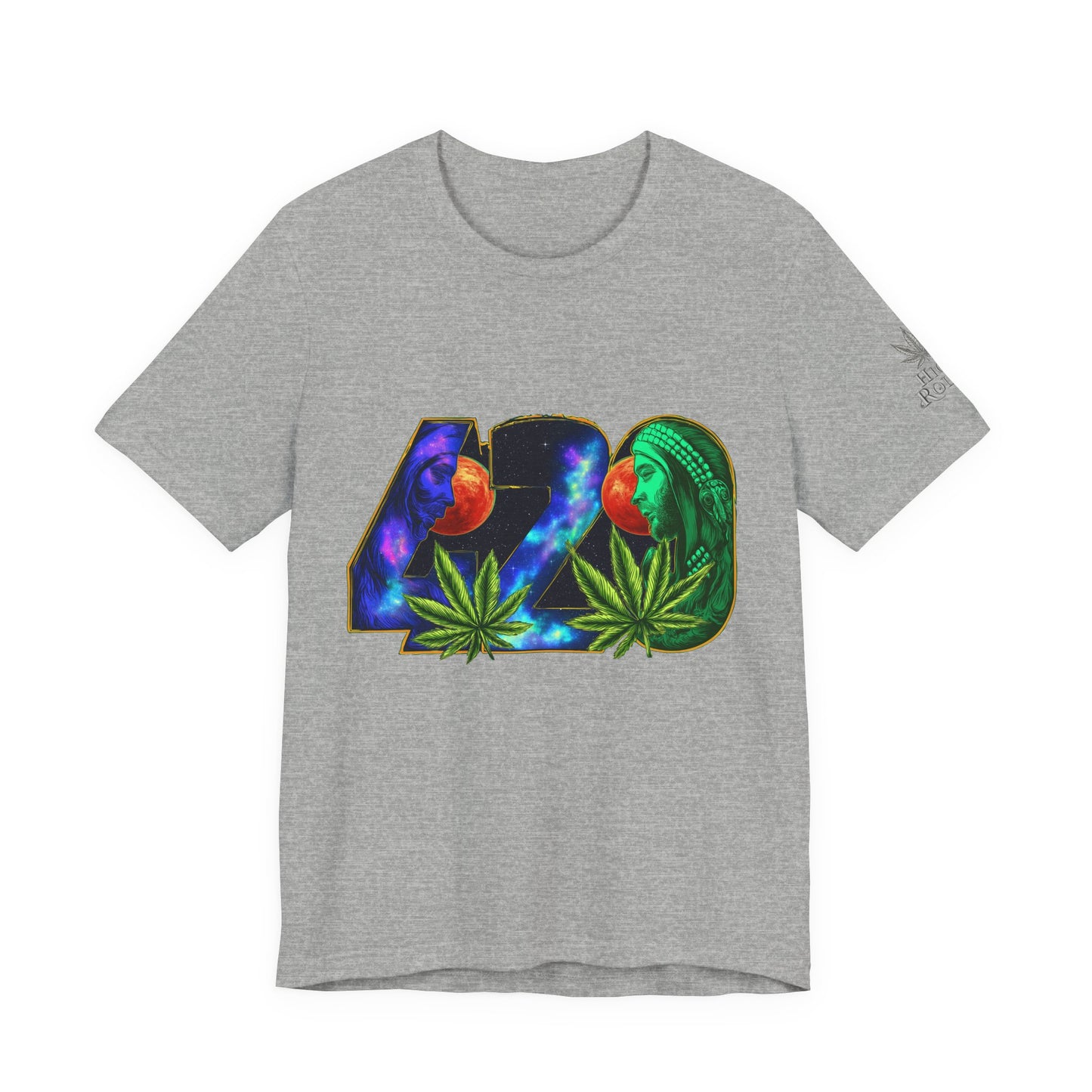 420 Cosmic Connection Premium Cannabis Culture T-Shirt - Bold Typography With Celestial Profiles And Luminous Cannabis Leaf Design