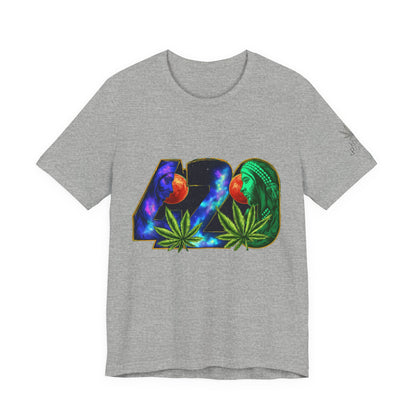 420 Cosmic Connection Premium Cannabis Culture T-Shirt - Bold Typography With Celestial Profiles And Luminous Cannabis Leaf Design