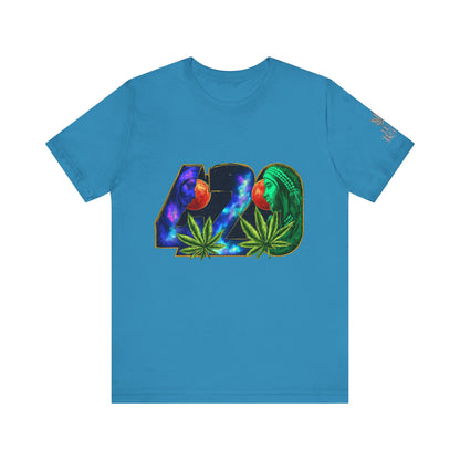 420 Cosmic Connection Premium Cannabis Culture T-Shirt - Bold Typography With Celestial Profiles And Luminous Cannabis Leaf Design