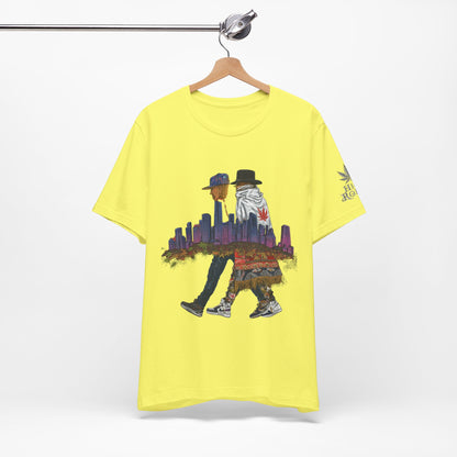 High Roller Urban Legends Cannabis T-Shirt - Premium 420 City Skyline Street Culture Double Exposure Apparel