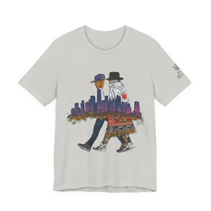 High Roller Urban Legends Cannabis T-Shirt - Premium 420 City Skyline Street Culture Double Exposure Apparel