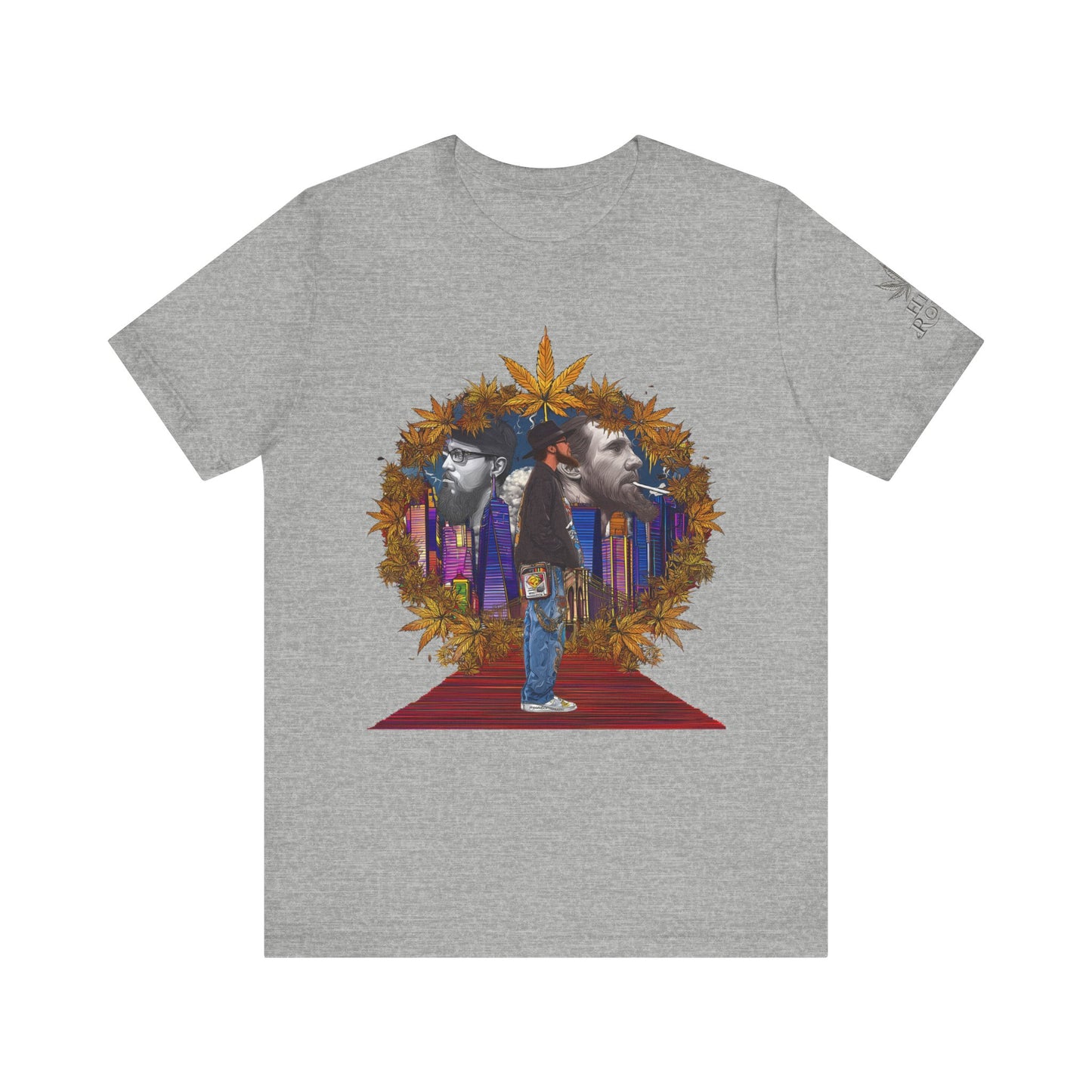 Red Carpet Royalty Premium Cannabis Culture T-Shirt - Hip-Hop Legends Tribute With Golden Cannabis Wreath And City Skyline