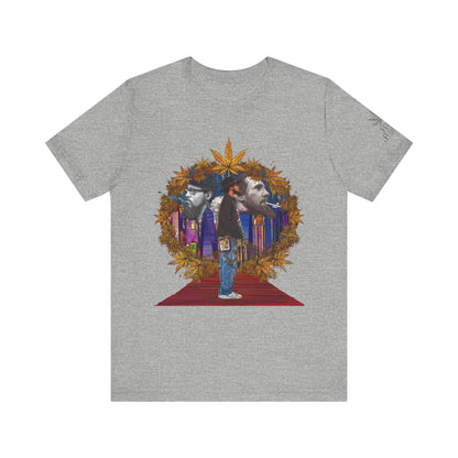 Red Carpet Royalty Premium Cannabis Culture T-Shirt - Hip-Hop Legends Tribute With Golden Cannabis Wreath And City Skyline