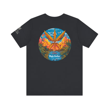 Cannabis Paradise Circle Tee - Tropical Sunset Art Design | High Roller