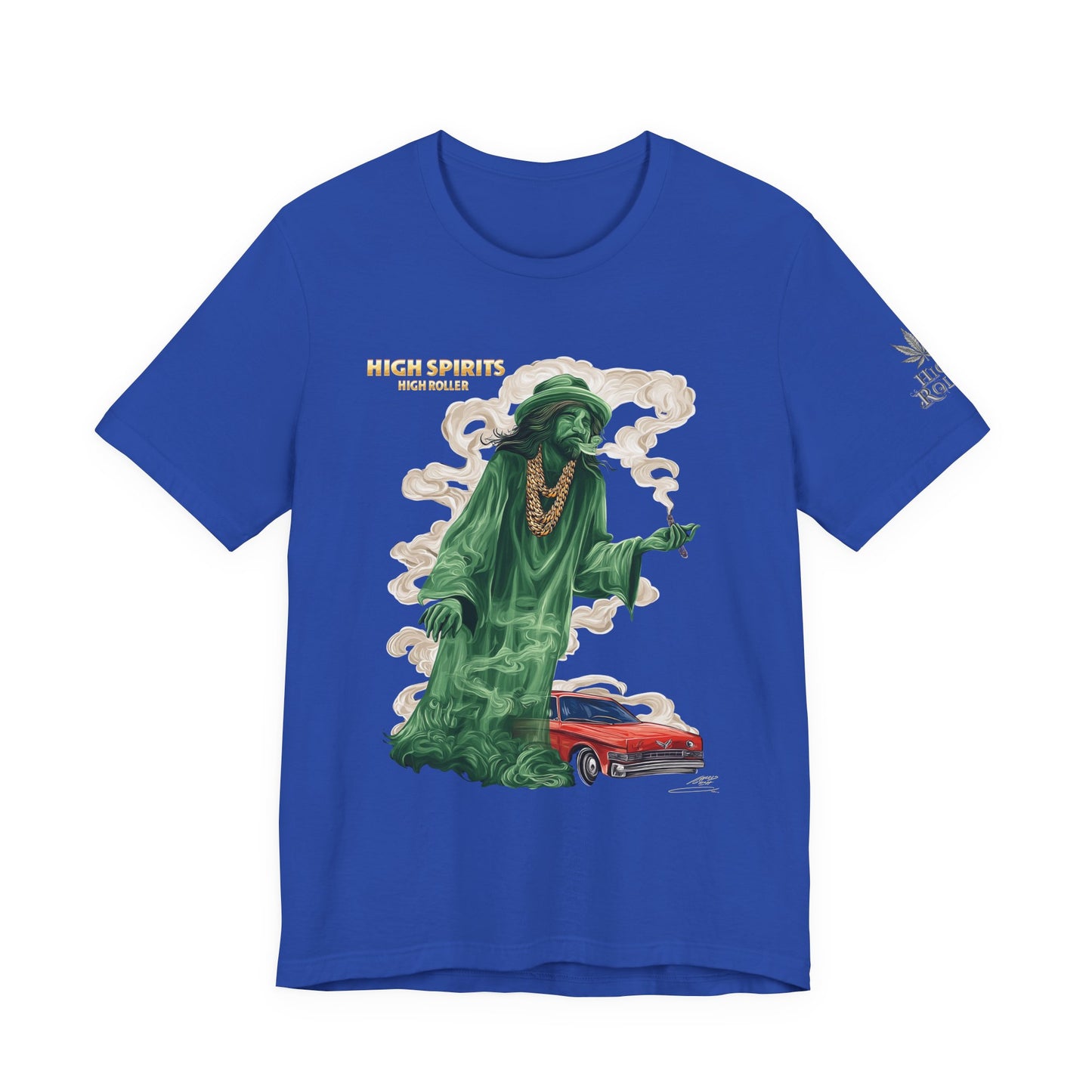 High Spirits HIGH ROLLER Halloween Cannabis Ghost T-Shirt - Premium Spectral Lowrider Phantom 420 Apparel
