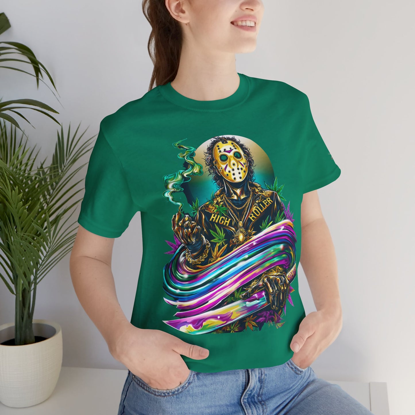 Psychedelic Jason Swoosh Cannabis T-Shirt - Premium Horror 420 Orange Edition Apparel