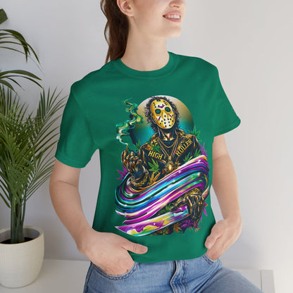 Psychedelic Jason Swoosh Cannabis T-Shirt - Premium Horror 420 Orange Edition Apparel
