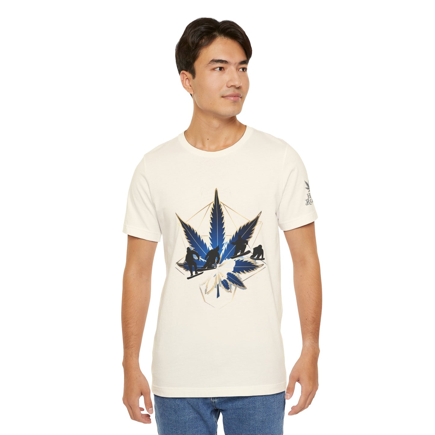 Sacred Geometry Snowboard Premium Cannabis Culture T-Shirt - Emerald Green Tee With Action Sports And Crystalline Cannabis Geometric Mandala