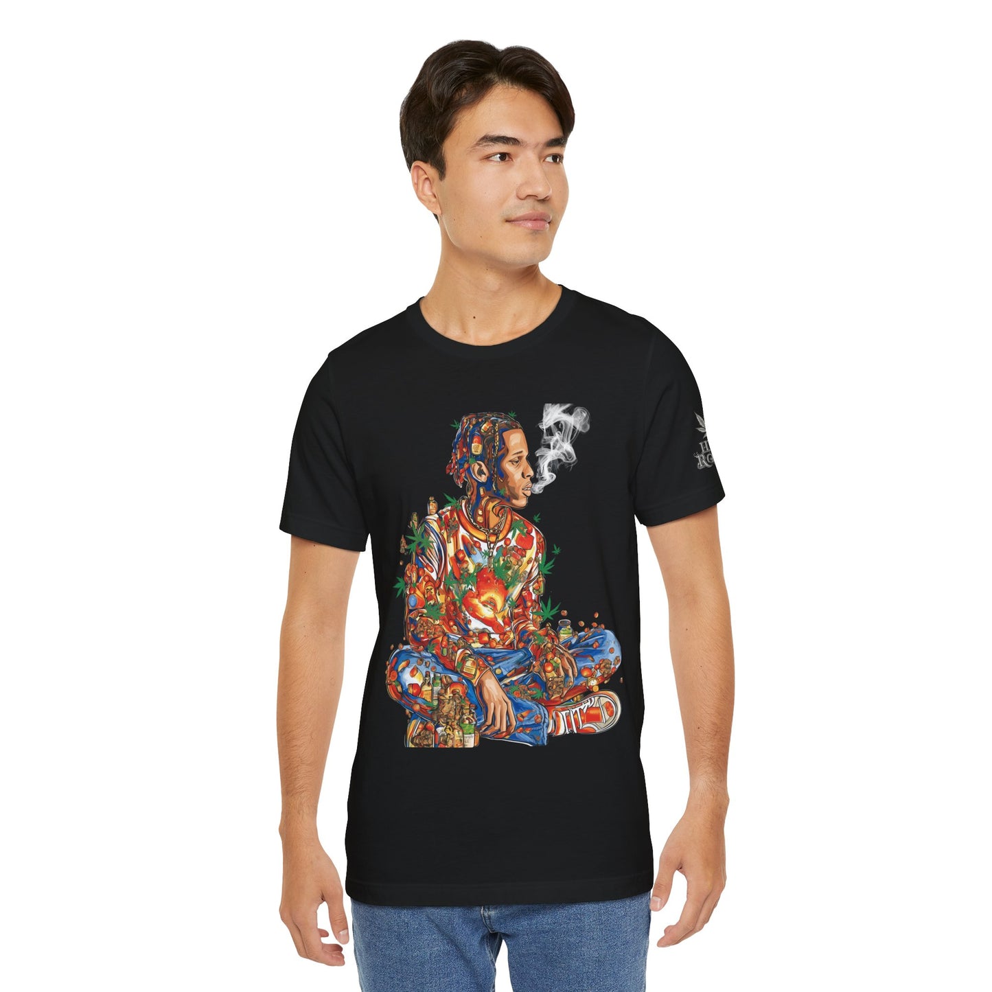 High Roller Meditation Mosaic Cannabis T-Shirt - Premium 420 Hip-Hop Zen Cross-Legged Street Culture Artistic Collage Apparel