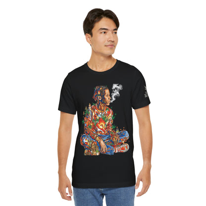 High Roller Meditation Mosaic Cannabis T-Shirt - Premium 420 Hip-Hop Zen Cross-Legged Street Culture Artistic Collage Apparel