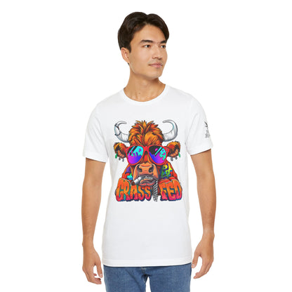 High Roller Grass Fed Cannabis T-Shirt - Premium 420 Highland Cow Humor Psychedelic Sunglasses Farm Culture Comedy Apparel