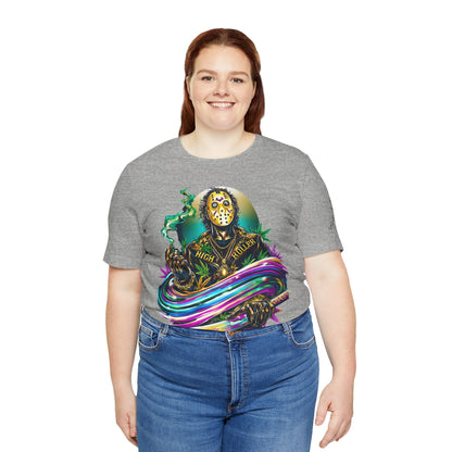 Psychedelic Jason Swoosh Cannabis T-Shirt - Premium Horror 420 Orange Edition Apparel