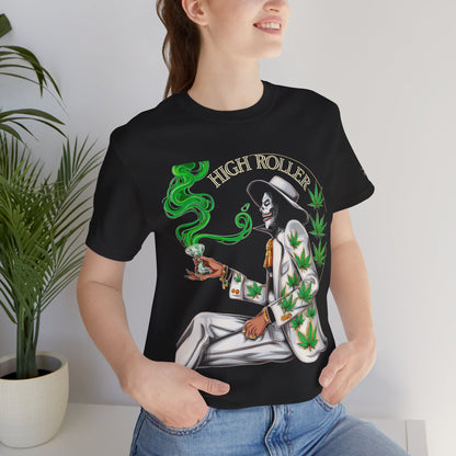 Skeletal HIGH ROLLER Halloween Cannabis Lounge T-Shirt - Premium Death's Day Off Botanical Relaxation 420 Apparel
