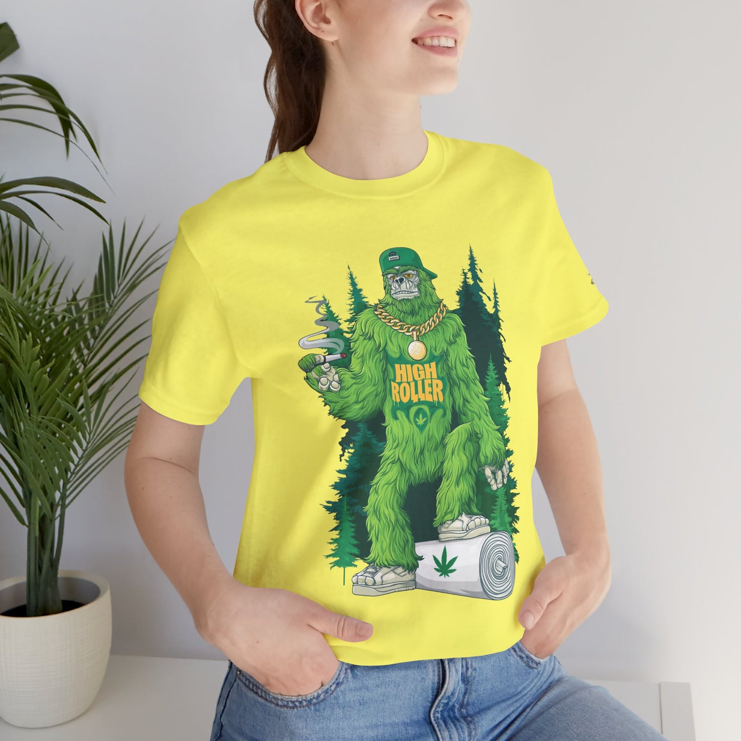 Bigfoot HIGH ROLLER Halloween Cannabis Forest T-Shirt - Premium Sasquatch Lifestyle Legend 420 Apparel
