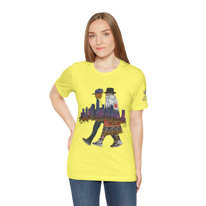 High Roller Urban Legends Cannabis T-Shirt - Premium 420 City Skyline Street Culture Double Exposure Apparel