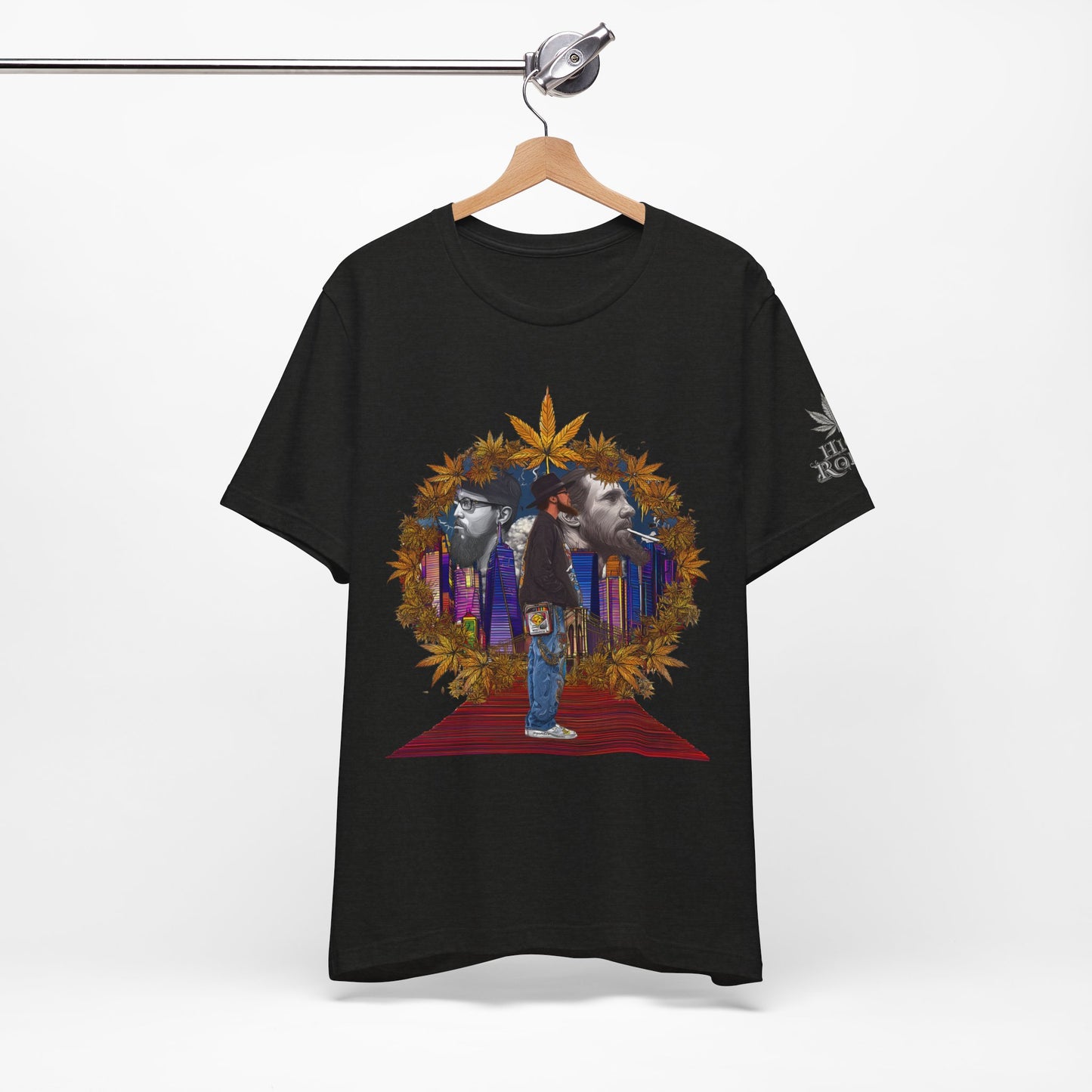 Red Carpet Royalty Premium Cannabis Culture T-Shirt - Hip-Hop Legends Tribute With Golden Cannabis Wreath And City Skyline