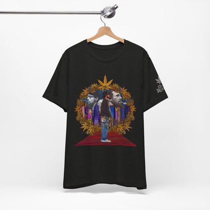 Red Carpet Royalty Premium Cannabis Culture T-Shirt - Hip-Hop Legends Tribute With Golden Cannabis Wreath And City Skyline