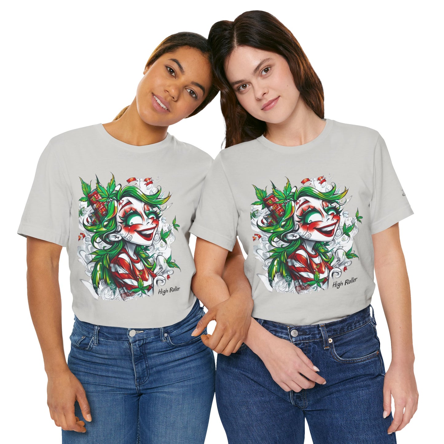 High Roller Jester Queen Cannabis T-Shirt - Premium 420 Harlequin Beauty Holiday Celebration Apparel