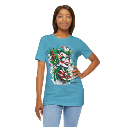 High Roller Jester Queen Cannabis T-Shirt - Premium 420 Harlequin Beauty Holiday Celebration Apparel