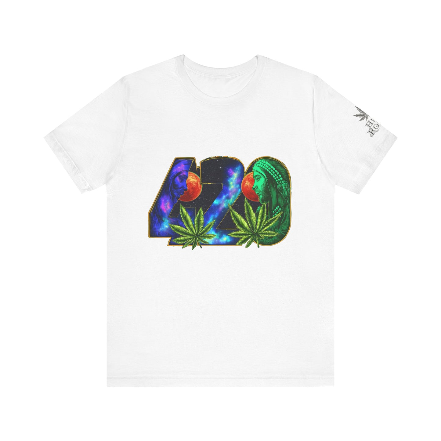 420 Cosmic Connection Premium Cannabis Culture T-Shirt - Bold Typography With Celestial Profiles And Luminous Cannabis Leaf Design