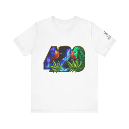 420 Cosmic Connection Premium Cannabis Culture T-Shirt - Bold Typography With Celestial Profiles And Luminous Cannabis Leaf Design